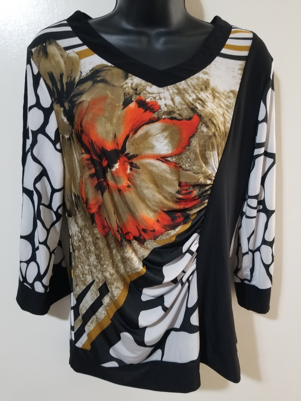 Ness Abstract Floral Blouse 3/4 Sleeve Statement Top S